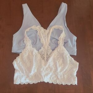 Two Bralettes, Size Large Felina White Lace & Old Navy Cornflower Blue